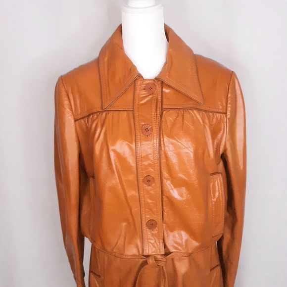 VINTAGE 1970s Women's Long Leather Tie Waist Dress Coat Tan Camel Sz. M - Picture 5 of 15